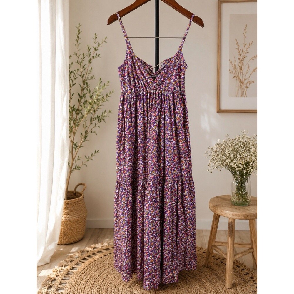 Akualani Purple Ditsy Floral Cotton Maxi Dress Tiered Straps Summer Small S
